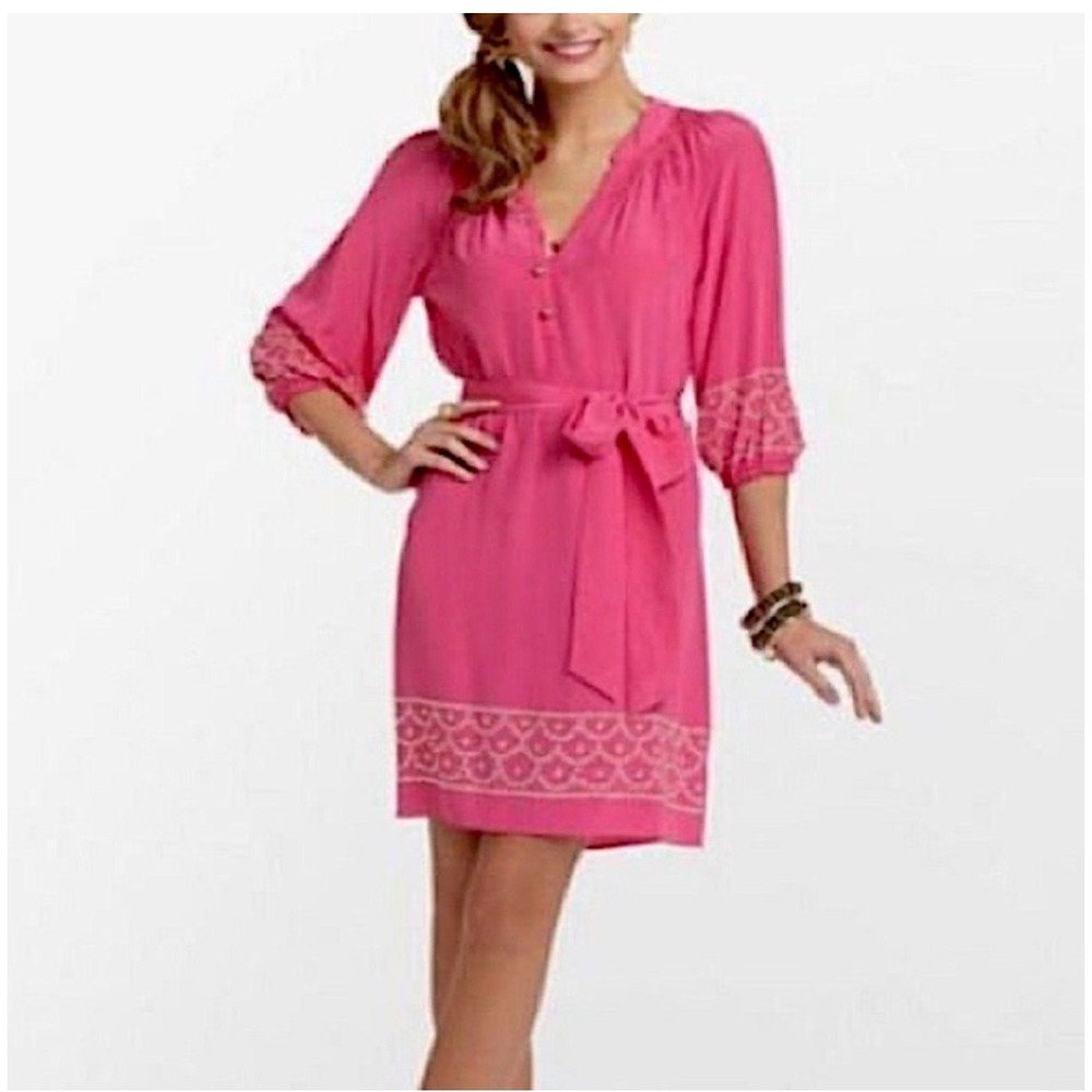 Lilly Pulitzer Pink Silk Studded Shift Dress Long Sleeve Belted XL see pictures